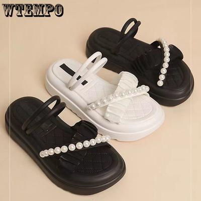 Универсальные сандалии с жемчугом. Женские летние однотонные однотонные пляжные тапочки двойного назначения на плоской подошве с круглой головкой и шнуровкой на толстой подошве.