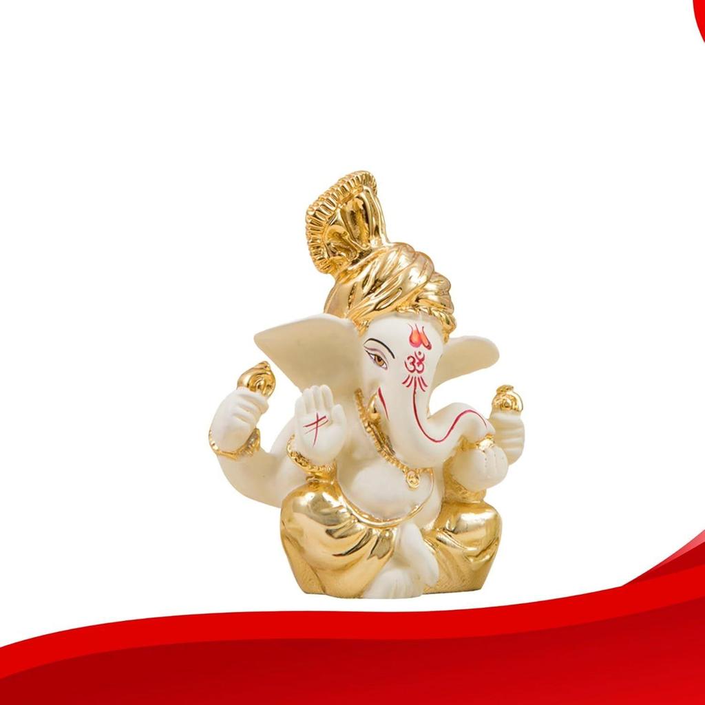 Gold and Off White Ganesh Idol for Car Dashboard Ganesha Murti Ganpati Idol for Home Decor Puja Lord Ganesh Statue Gift