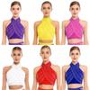 Womens Latin Dance Top Halter Sleeveless Strappy Backless Design Shiny Rhinestones Cross Front Ruched Mesh Crop Top