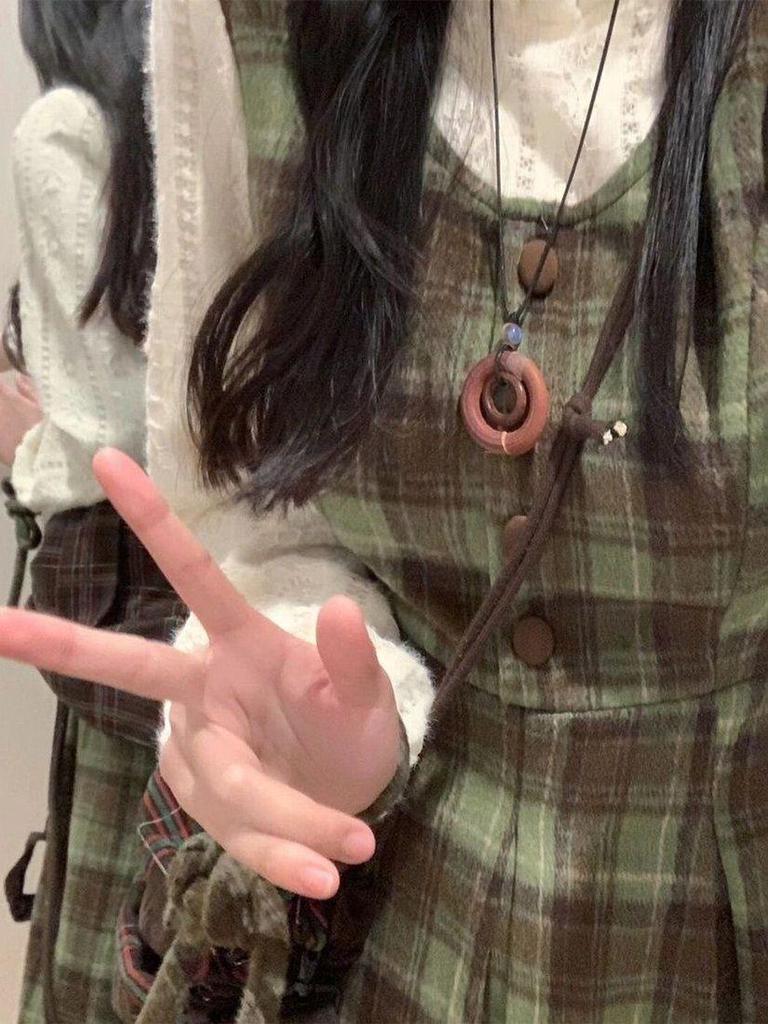 Ретро клетчатый костюм-двойка в стиле мори из смесовой шерсти, 2025: Платье с завышенной талией для студентов, Осень/Весна