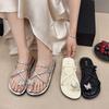 2025 Summer New Cool Slippers Outer Thick-soled Slippers Flat-bottomed French-style Beach One-word Set of Toe Rhinestone Cold Slippers