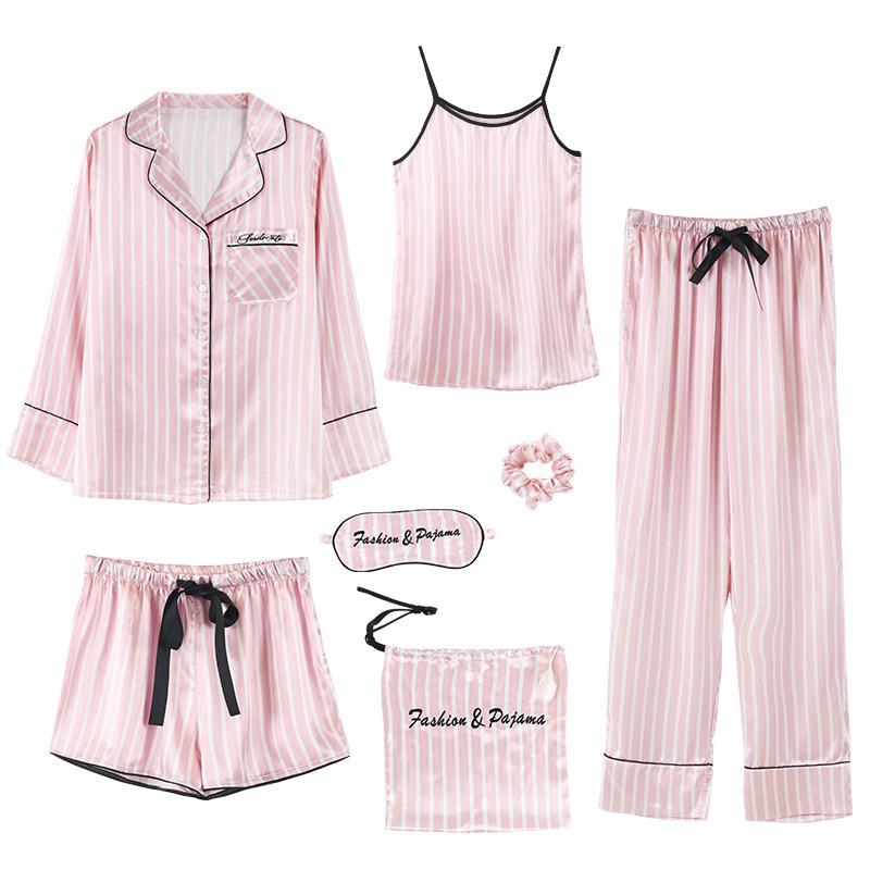 7 Pcs Woman Pajama Set Nightdress+Top+Long Short Pant Set Striped Sexy Female Pajamas