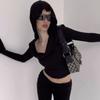Y2K Black Folds Crop Top Hooded Full Sleeve T-Shirt Women Punk Gothic Fashion Autumn Korean Pullovers Streetwear