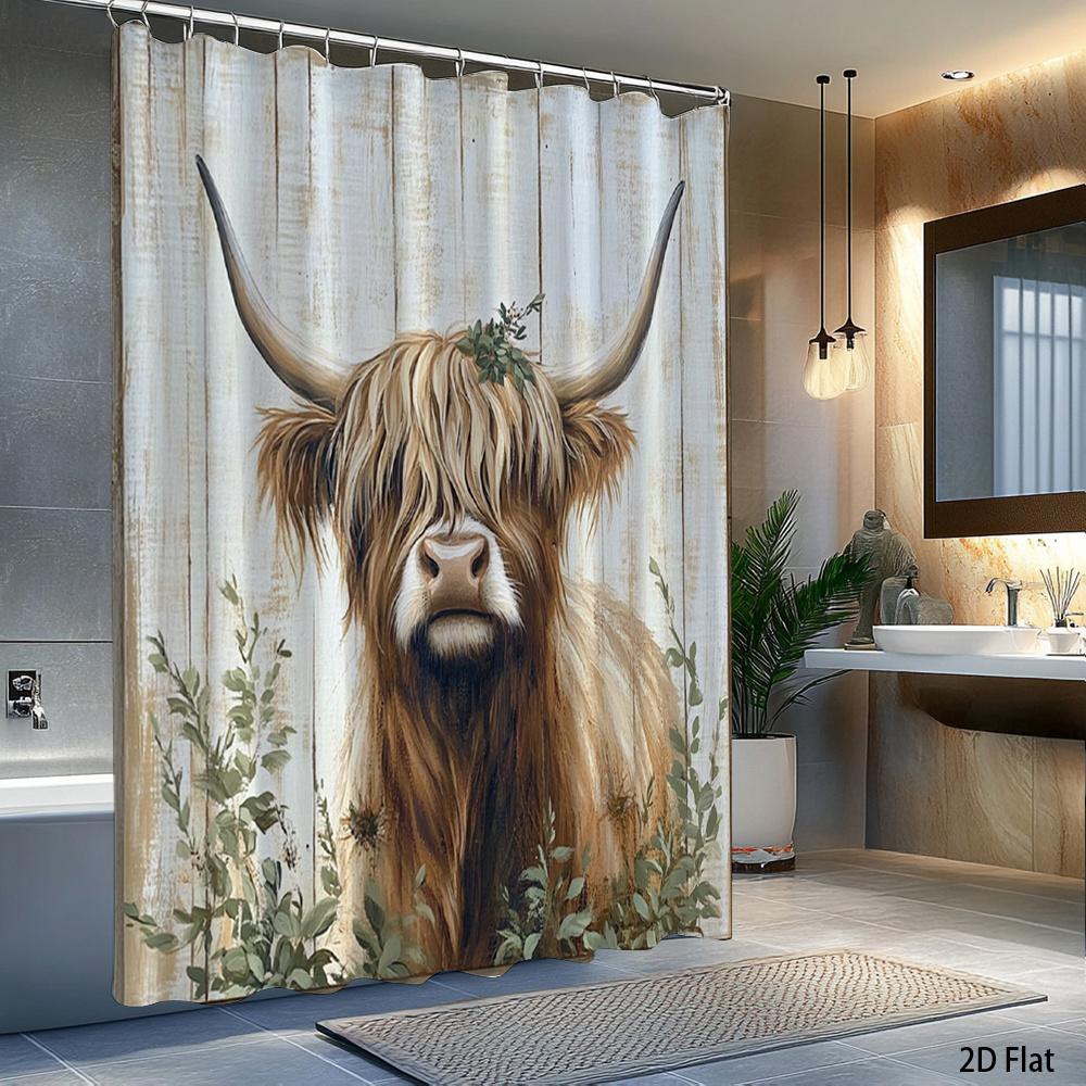 rustic highland cow with floral crown shower curtain for farmhouse bathroom decor vintage animal art home decoration Quick Setup