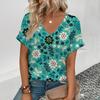 Летняя женская модная футболка с ретро-цветочным принтом и V-образным вырезом, футболки, женская повседневная одежда с коротким рукавом, винтажный наряд для активного отдыха