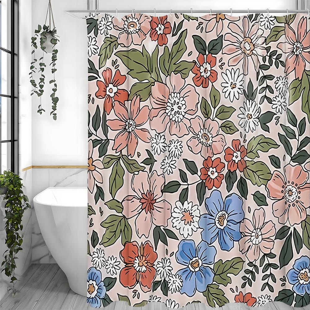Vintage Antique Style Botanical Floral Rustic Shower Curtain, Bathroom Decorative Shower Curtain, Waterproof Shower Curtain with