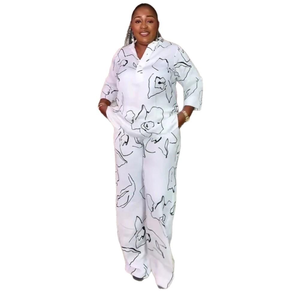 African new suit women's seven-quarter-sleeved large-size printed loose women's shirt casual trousers European and American fashion suit