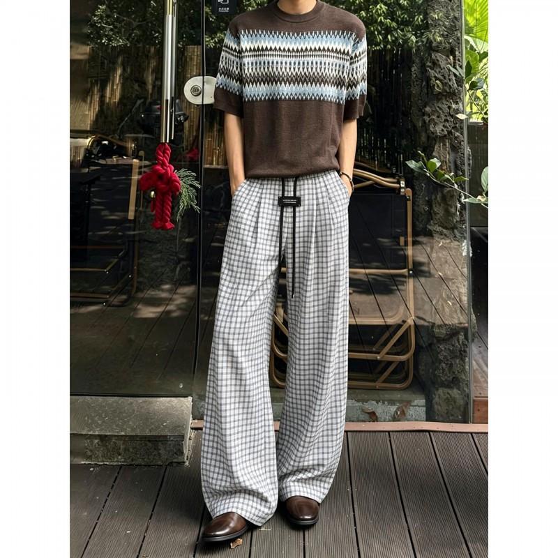 Mens Plaid Casual Trousers Thin Breathable Straight Leg Loose Pants