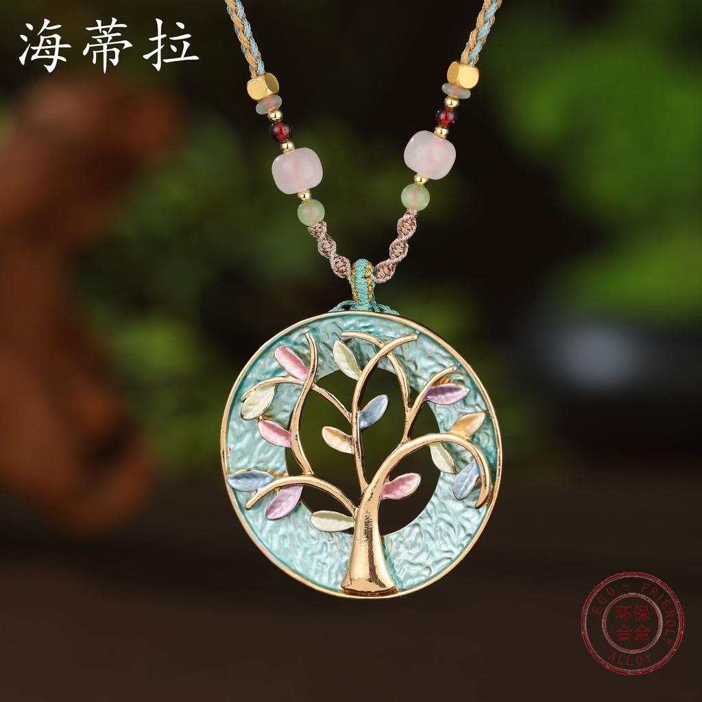 Новый цвет живопись маслом полое дерево жизни плетеная веревка длинная подвеска женское ретро хрустальные бусины длинное ожерелье