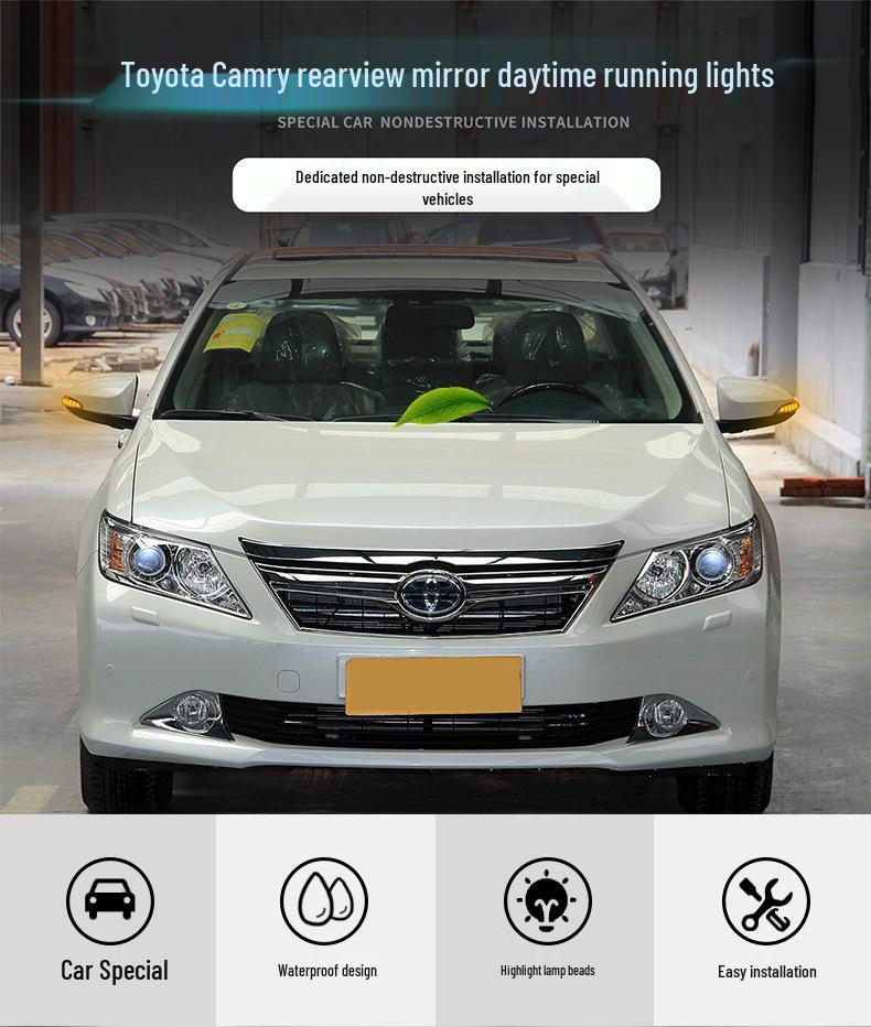Подходит для Toyota Camry 2012-2017: Светодиодные ДХО в зеркале заднего вида с бегущими поворотниками