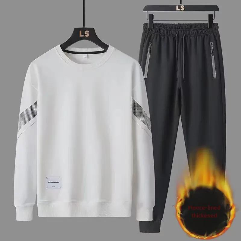 Мужской зимний повседневный спортивный костюм Plus Velvet: Свободный крой, круглый вырез, толстое пальто, модный комплект из 3 предметов большого размера
