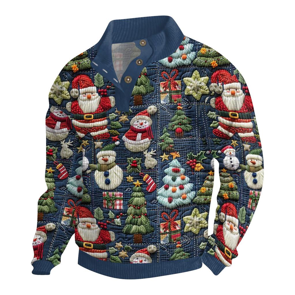 Men's Christmas Cotton Pullover Long Sleeve Outdoor Shirt Vintage Corduroy Button Stand Collar Shirt Casual Sweatshirt Christmas Print Top