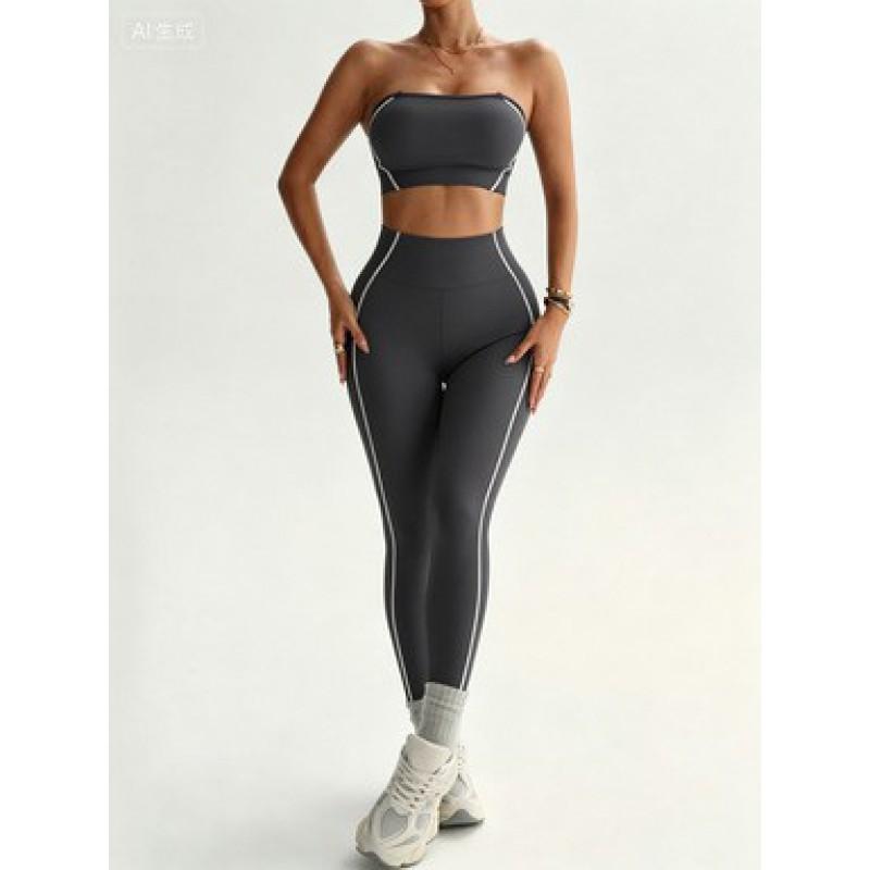 Womens Seamless Yoga Set With Color-Block Sports Bra High-Waisted Leggings Running Fitness