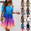 Women Summer Fashion One-Shoulder Short Sleeve Gradient Print Ruffle Mini Dress