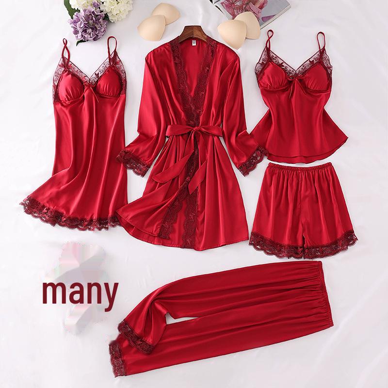 Женский шелковый кружевной пижамный комплект - 5 предметов: ночная рубашка с длинными рукавами, майка и шорты на весну, лето и осень