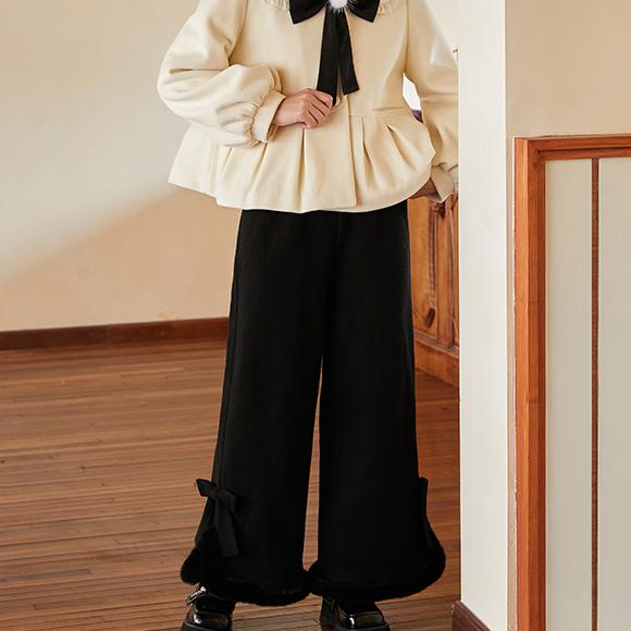 Японские повседневные брюки в стиле Лолита в стиле кавайи для женщин, теплые плюшевые брюки в корейском стиле, женские свободные брюки с милым бантом, широкие брюки для зимы