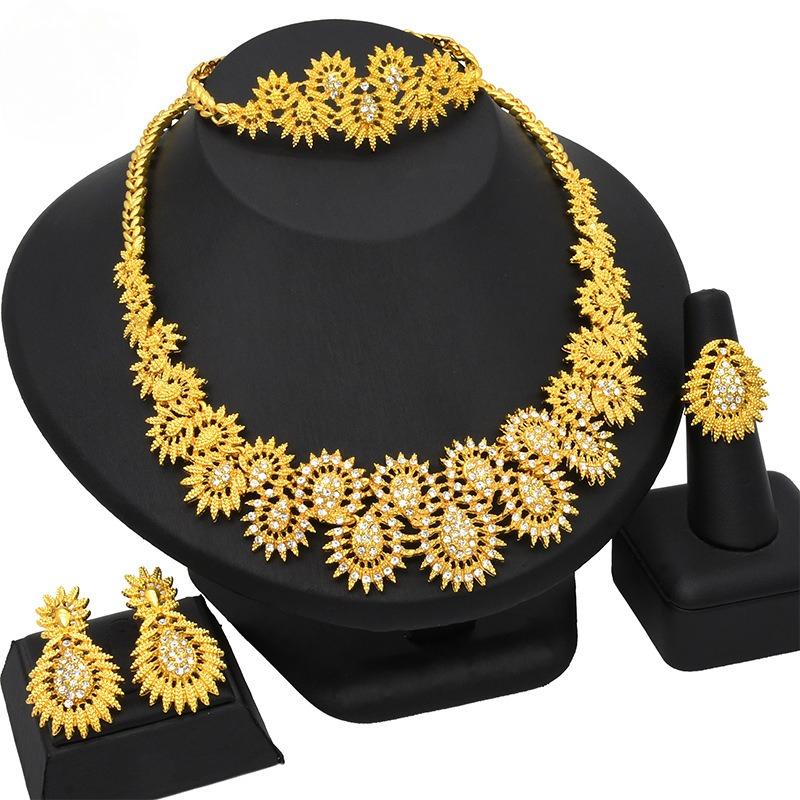 24K Gold Dubai Bridal Necklace Earrings Bracelet Ring India Nigeria Middle East Necklace Set