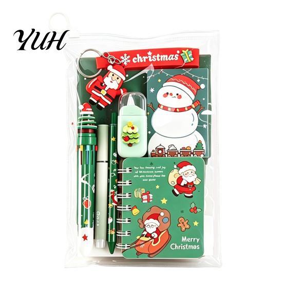 Festive Santa Stationery Christmas Set for Kids, Claus Snowman Writing Pens And Erasers Patterns Print, Holiday School Supplies Students Practical