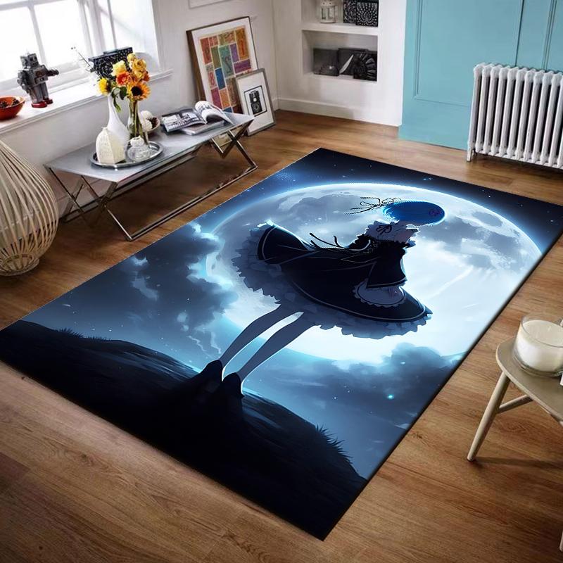 Moonlit Blue-Haired Anime Girl Design Non-slip rug suitable for living room and bedroom sofas