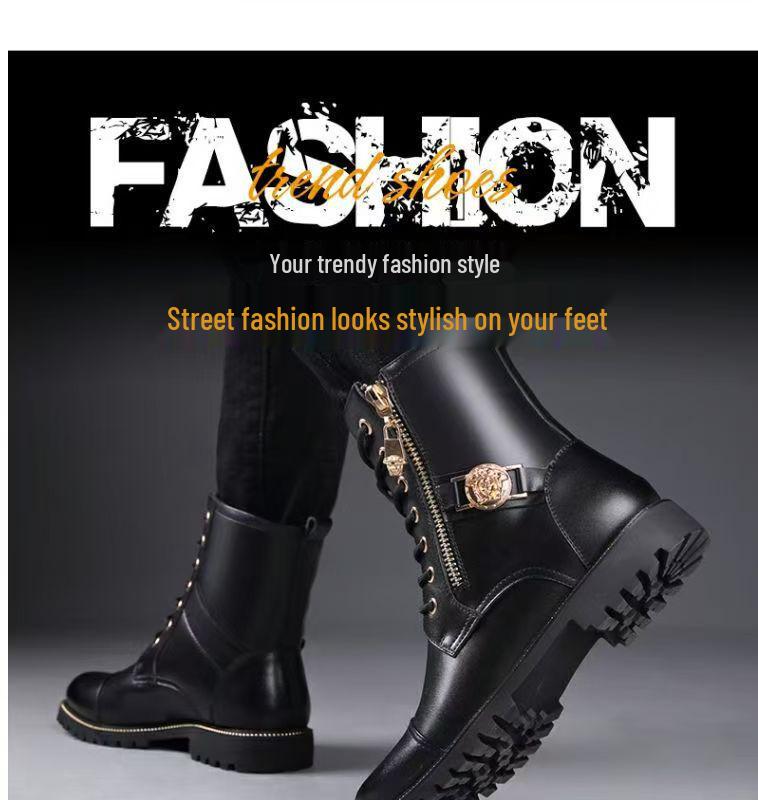 Мужские ботинки Мартин 2025 года, черная кожа, средней высоты голенища, натуральная кожа, износостойкие, на молнии
