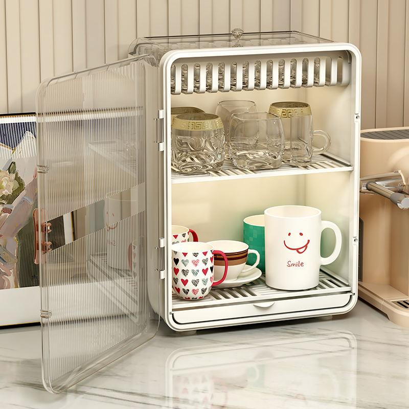 2 Layers Kitchen Multi-Functional Storage Cabinets Dust Proof Dishware Cutlery Water Cup Organizer Rack with Cover Sundry Shelf
