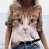 Oversized Top Summer 3D Cat Printed T-shirt Women's Animal V-Neck Short Sleeve Tees Casual Ladies Plus Size Tops