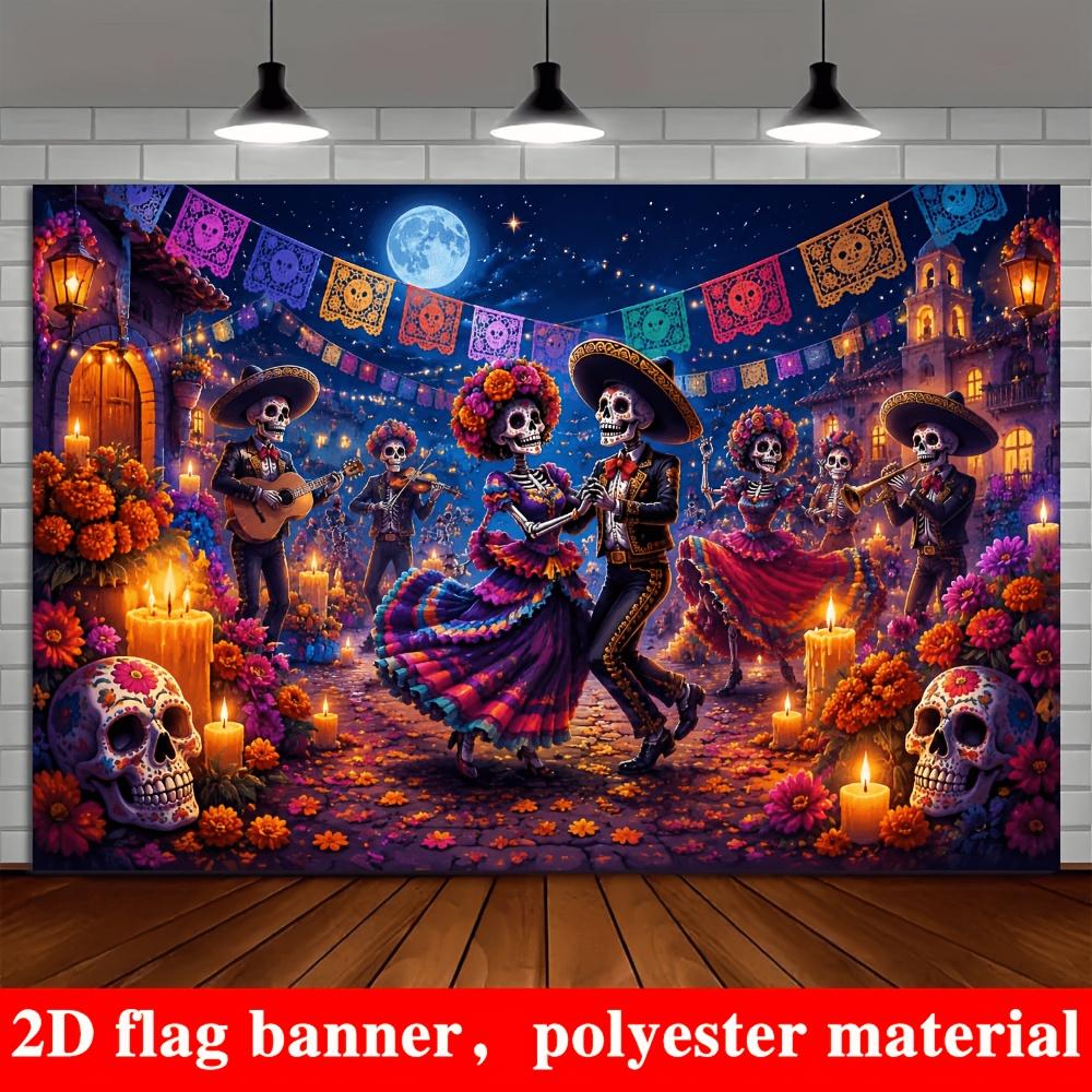 2D flat banner background for the Mexican Day of the Dead theme featuring a scene of dancing skeletons under a moonlitnight.zyc