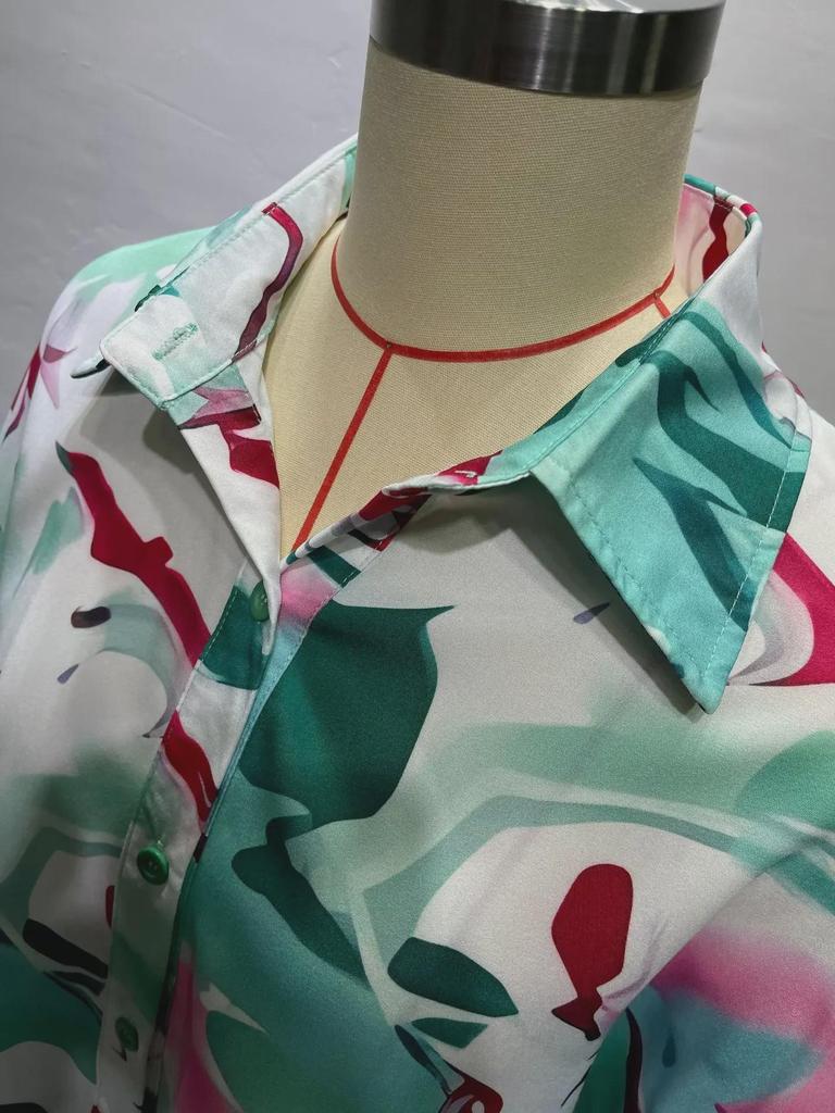 2024 Summer Women's Casual Printed Shirt & Wide-Leg Pants Set - Loose Fit, Large Size, European & American Style