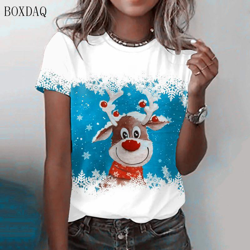 Short Sleeve Christmas Deer Pattern Women Street T-Shirts Oversized O-Neck 3d Printed Christmas Festival Ladies Casual Tops