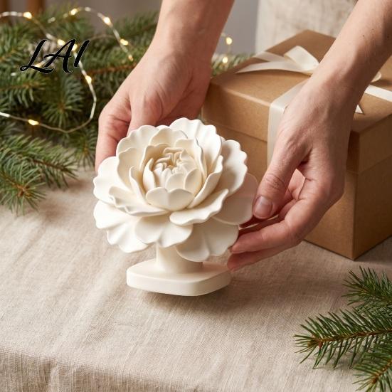 Delicate Flower Statue 3D Printed Peony with Base Decorative Sculpture Modern Home Decor White Ornament for Office Desk Shelf Luxury