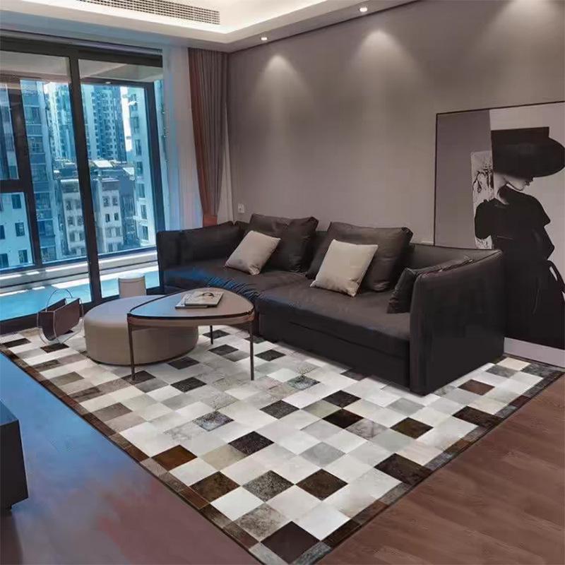 Retro American-Style Cowhide Carpet: High-Grade Leather Floor Mat for Living Room and Bedroom, Light Luxury, Soft, and Trendy Design.