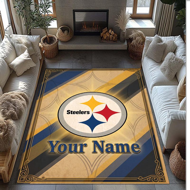 Pittsburgh Steelers Crystal Velvet Rug, Custom Name Text Personalized Non‑Slip Floor Mat for Home Decor Gift