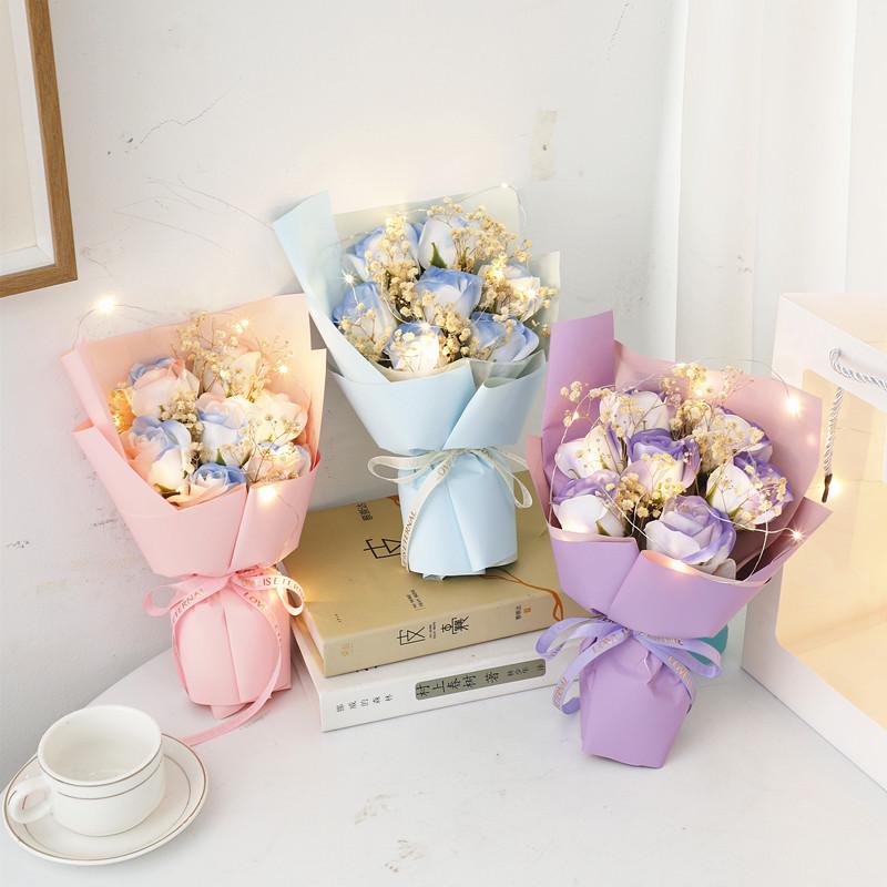 520 Creative Icy Blue Rose and Gypsophila Soap Flower Bouquet for Teacher's Day