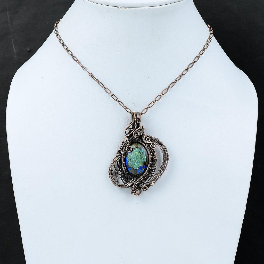 Подвеска из азурита и малахита, медная проволочная обертка, ювелирные изделия, красивая подвеска из драгоценных камней, медная подвеска, ювелирные изделия ручной работы, проволочная обертка, кулон для подарка