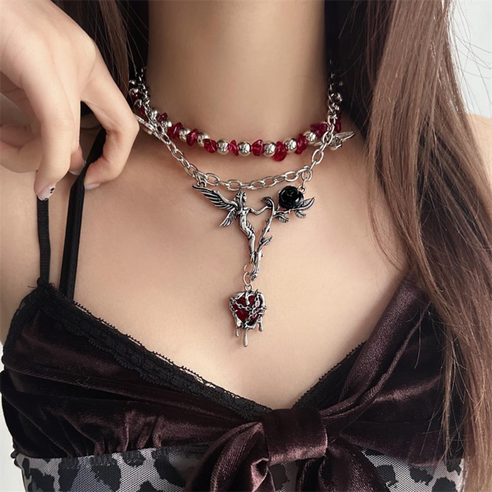 Heart Pendant Crystal Beads Necklace Angle Clavicle Chain Choker Gothic Multilayer Necklace  Gifts
