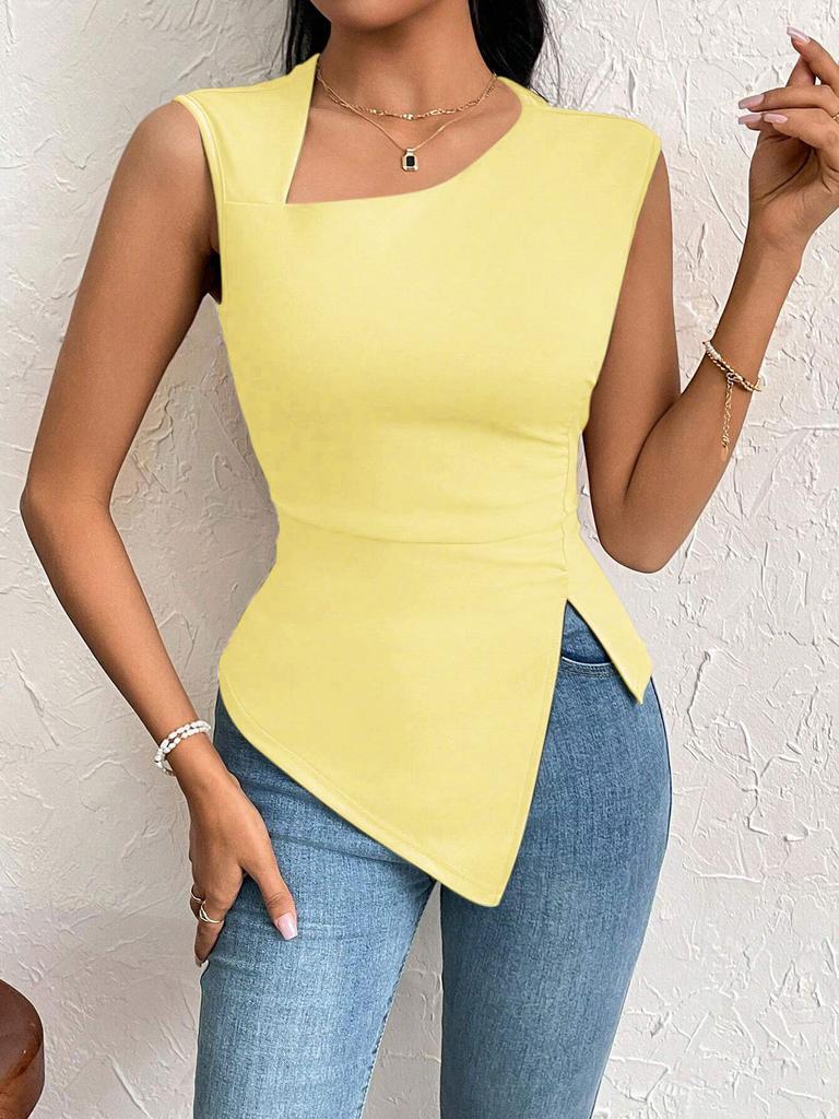 Women's clothing European and American elegant style T-shirt spring and summer new diagonal collar slim short solid color top