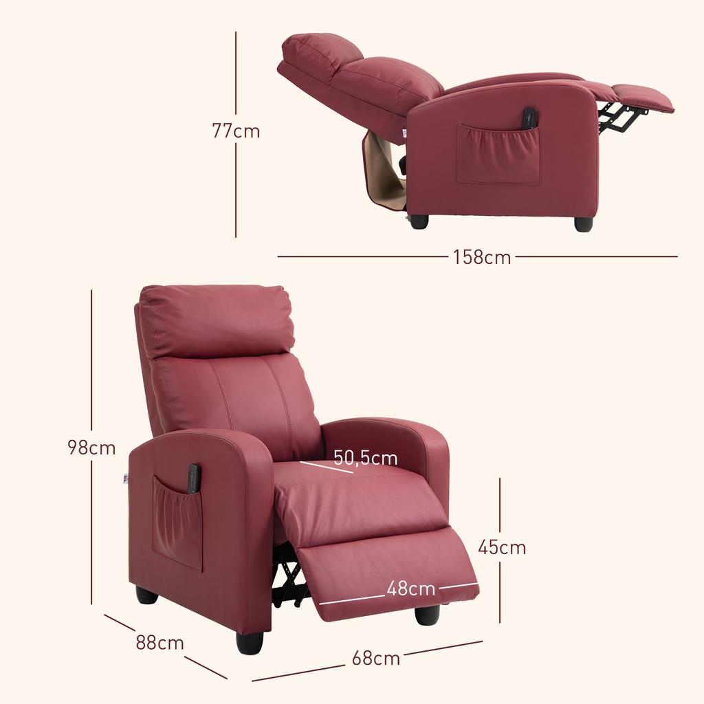 Reclining Massage Chair, Remote, Side Pocket, Timer, PU, 68 x 88 x 98 cm, Burgundy Red