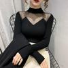 Half High Neck Mesh Hollowed Out Sweater for Women In Autumn and Winter Korean Version with Carved Lace and Knitted Base Women's Top