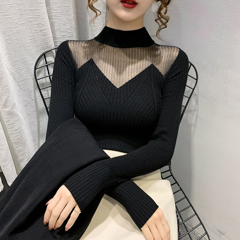 Half High Neck Mesh Hollowed Out Sweater for Women In Autumn and Winter Korean Version with Carved Lace and Knitted Base Women's Top