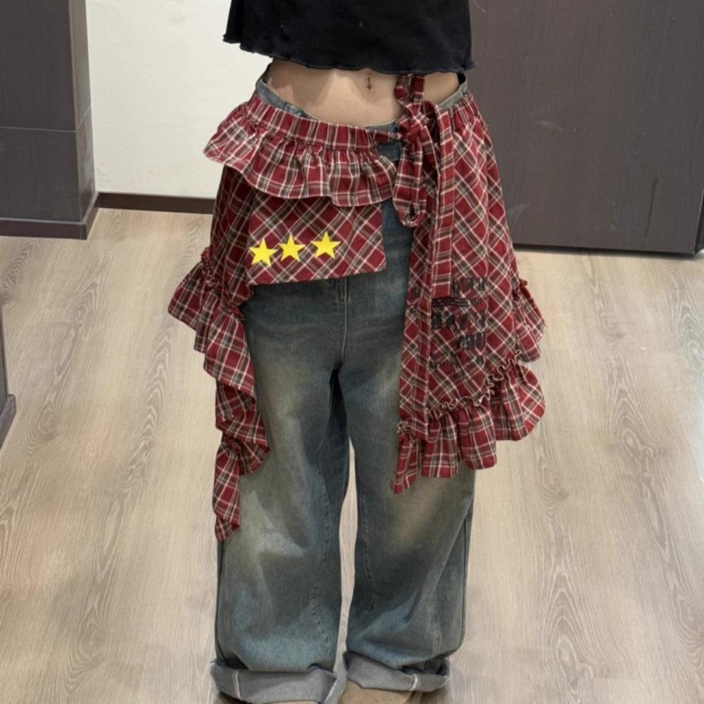 Star Lace Up Hip Scarf Hip-hop Ruffled Edge Waistband Layer Outfits Plaid Skirt Jeans Decor