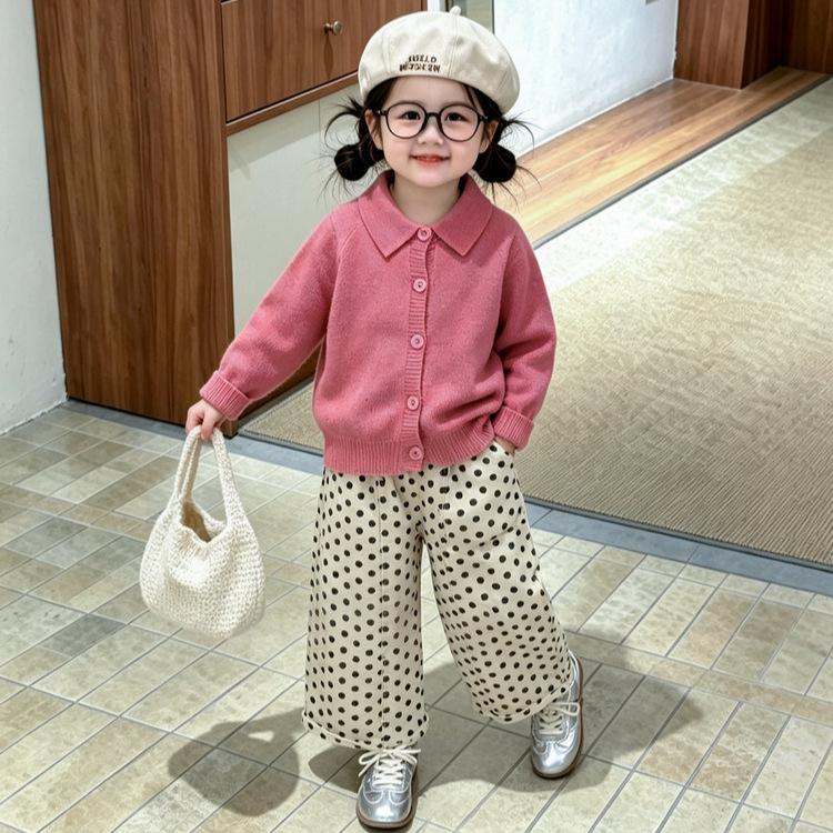 Girls' Autumn Suit Baby Rose Powder Polo Neck Knitted Cardigan Spring And Autumn Baby Polka Dot Wide-Leg Pants
