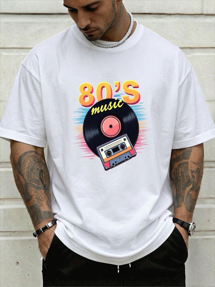 Vintage Retro 80s Music Vinyl Cassette Art Front Graphic Print Unisexs Crew Neck Short Sleeve Tee Casual Daily Soft Basic Wear Top