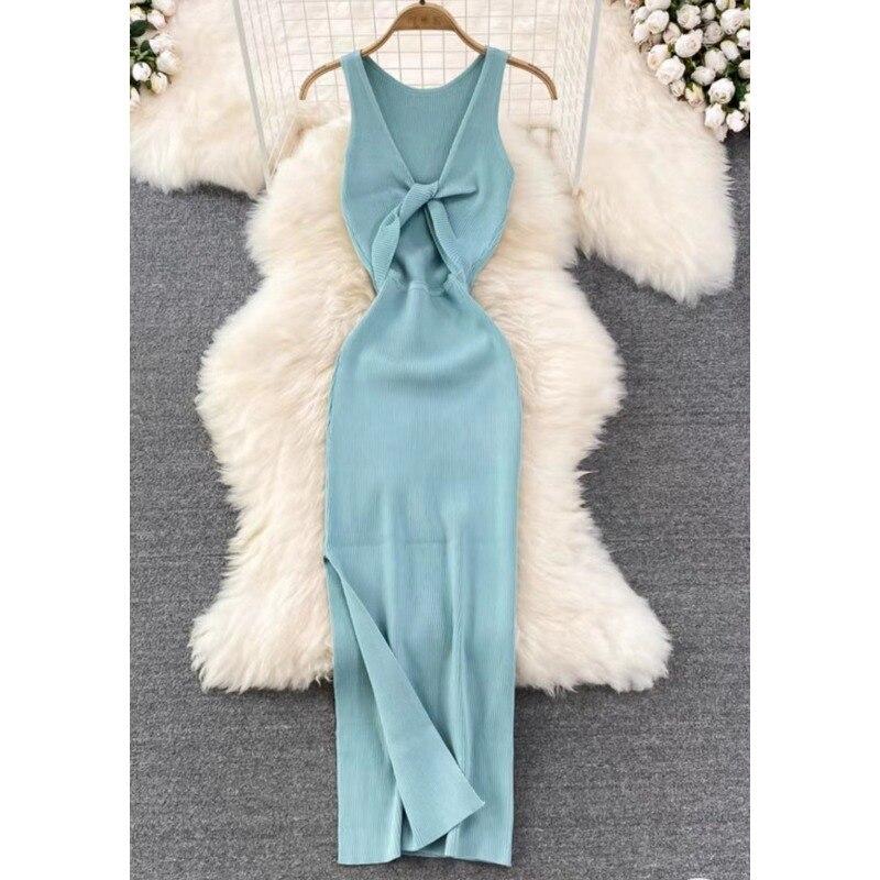 Fashion Sexy Korean Knitted Sweater Dress Women Summer V Neck Sleeveless Hollow Out Slim Bodycon Dress Femme Split Long Dresses 29094