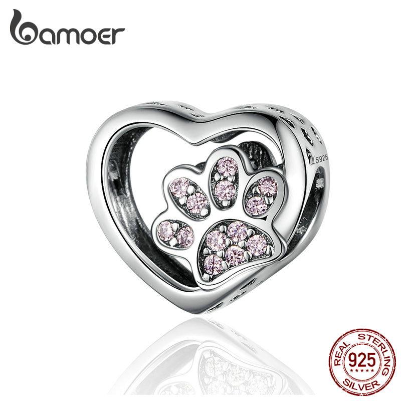 BAMOER 925 Sterling Silver Cat Love Heart-shape Charm Paw Footprints Heart Charms Beads Fit Original Bracelet