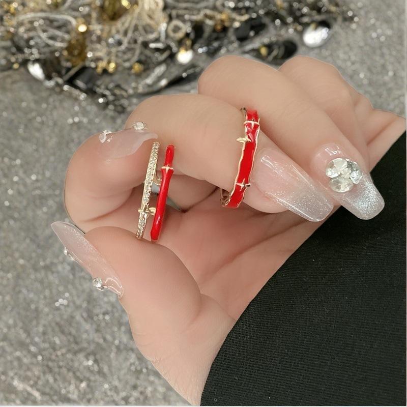 Red Oil Drop Tetragonal Star Open Ring Light Luxury Set Niche Design Sense Personality Full Of Diamonds Zircon Ring