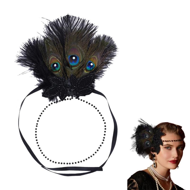 Feathered Headband Headpiece for Women Masquerade Prom Wedding Parties 1920s Flapper Cosplay Accessories