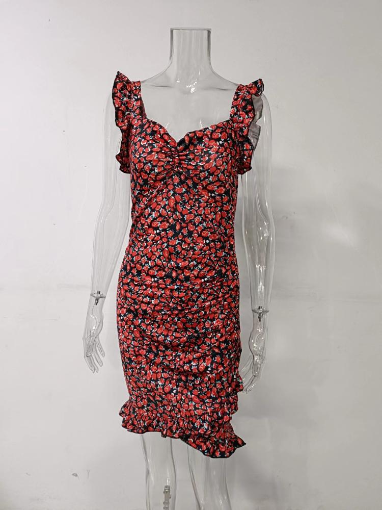 Летнее женское платье с цветочным принтом и рукавами-бабочками, облегающее платье с оборками и v-образным вырезом, повязка, повседневный короткий сарафан, женский пляжный мини-платье на бретельках