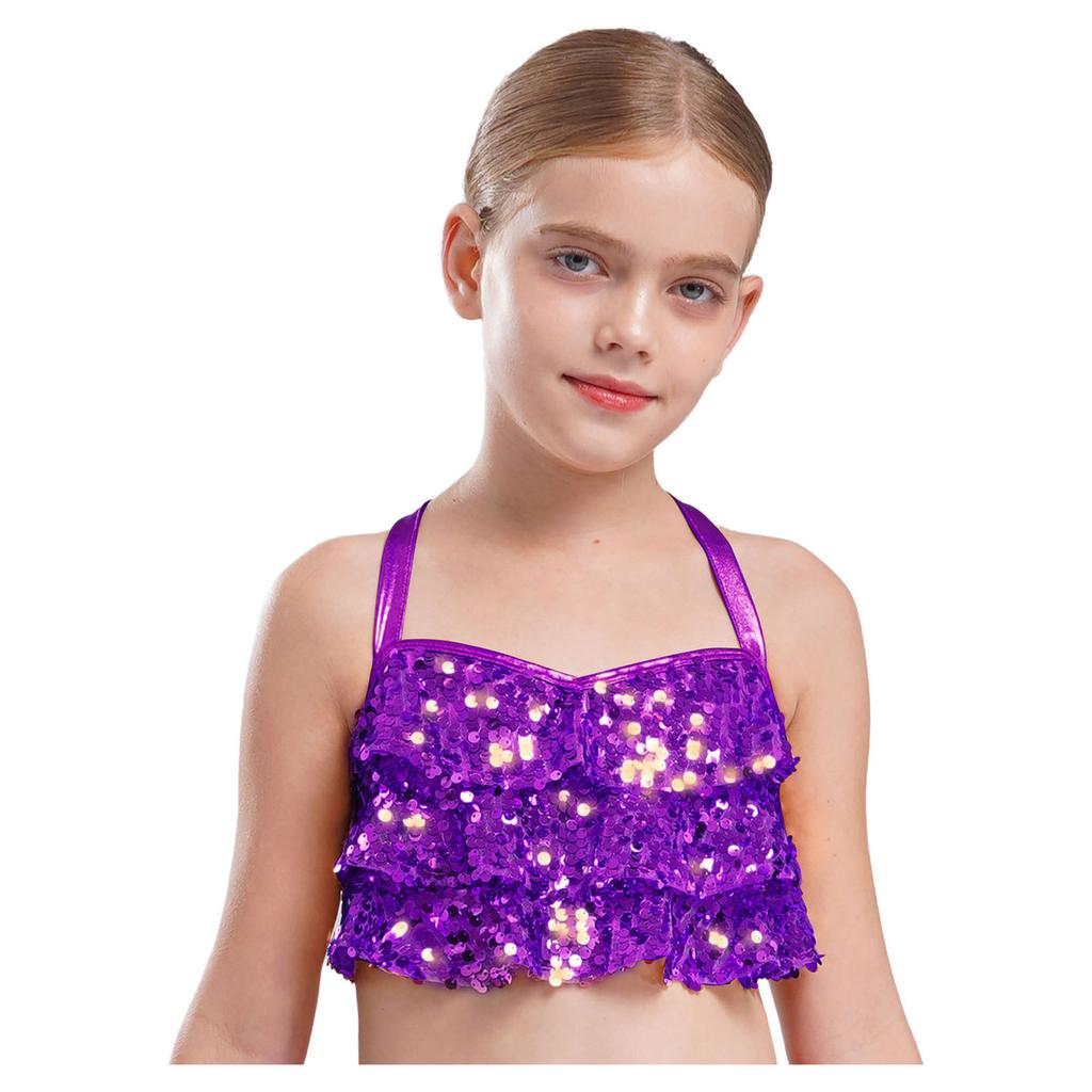 Girls Glittery Sequins Crop Top Tiered Ruffles Cross Back Metallic Camisole for Jazz Dance Performance