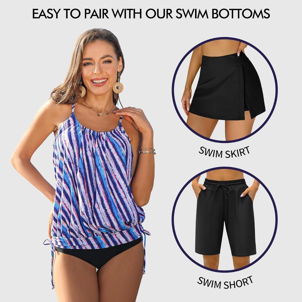 CHARMLEAKS Женские блузоны, топы-танкини, только свободный крой, топ для плавания, купальный костюм с овальным вырезом, верхний мягкий купальник, верх без дна