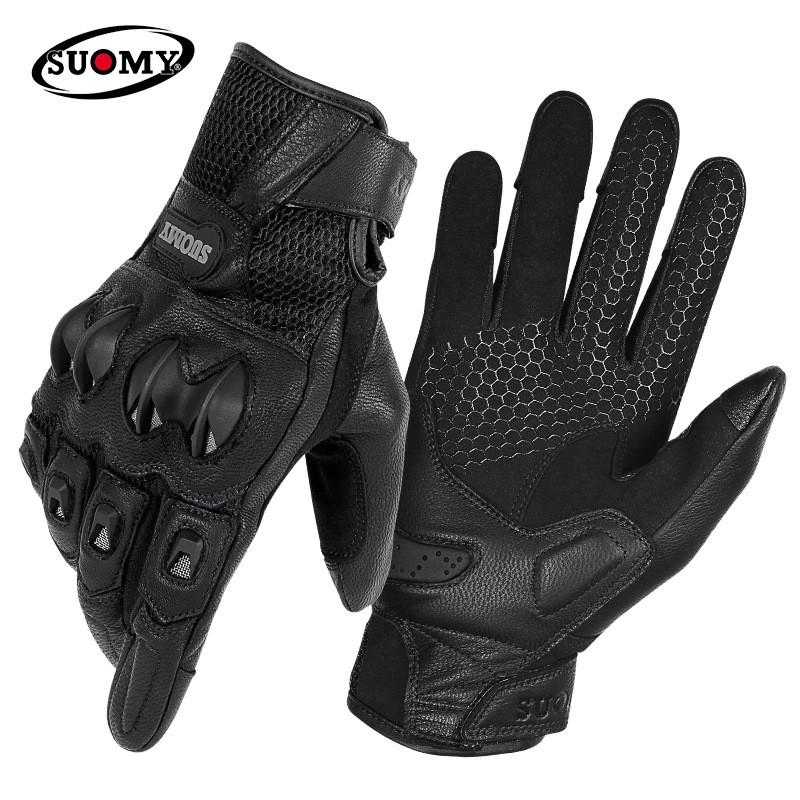 Mens Genuine Leather Motorcycle Gloves Breathable Anti-Slip Racing Riding Gear All Season Touchscreen Compatible